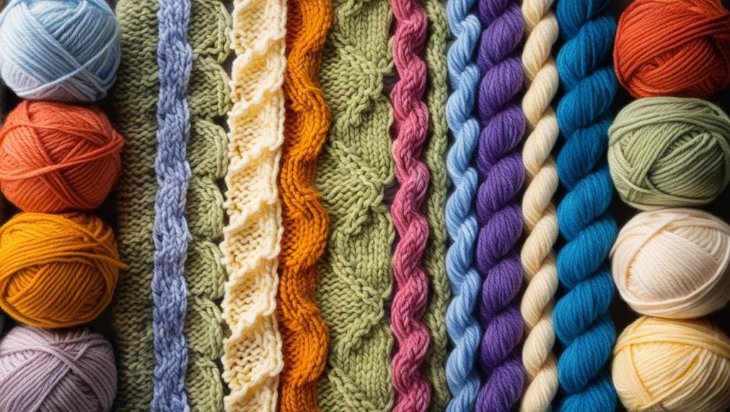 some knitting skeins and rows of knitting pattern stitches.