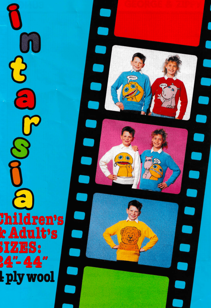 Picture showing the cover of a vintage knitting pattern for a Rainbow jumper featuring George Bungle and Zippy