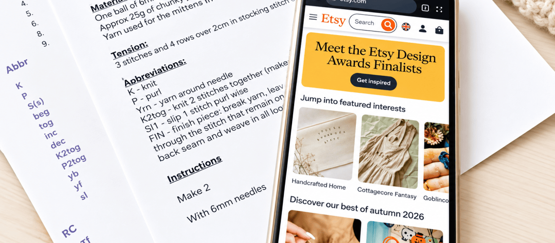 a mobile phone and instant download knitting pattern PDF files printed out on paper