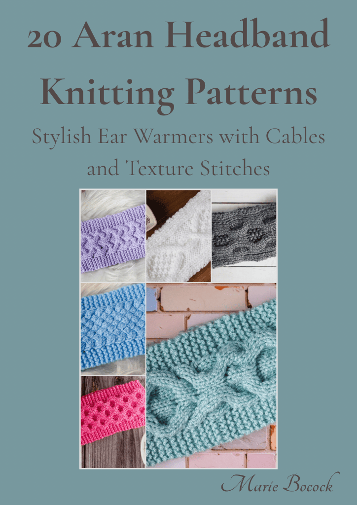 A collage of six knitted Aran headbands in various colors and designs, showcasing stylish ear warmers with cable and texture stitches. The title reads '20 Aran Headband Knitting Patterns' along with the author's name, Marie Bocock.